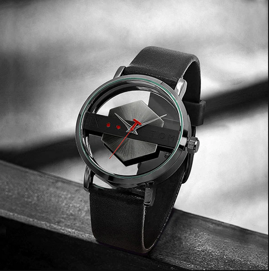 TOMI Men's Top Brand Luxury Watch Creative Half Transparent Watch Genuine Leather Strap